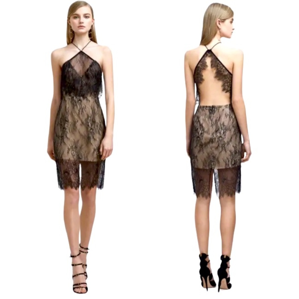 NWT $285 Keepsake the Label Lined Eyelash Lace Open Back MiniDress Nude Black XS